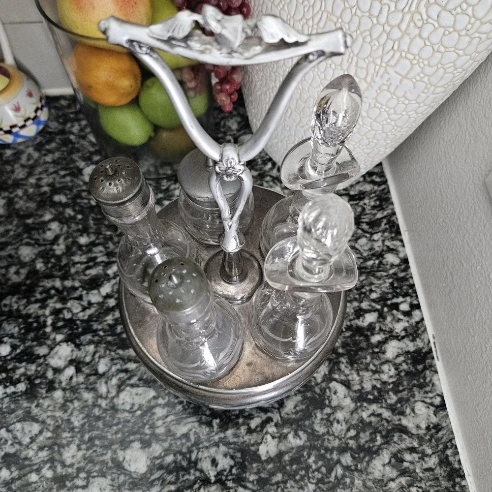 Antique‎ Triple Silver Plated co. 5 Piece Cruet Set